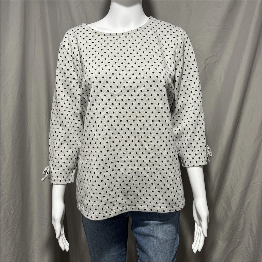 TALBOTS Women's Petite XL Gray Black Polka Dot Top Bow Trim 3/4 Sleeve